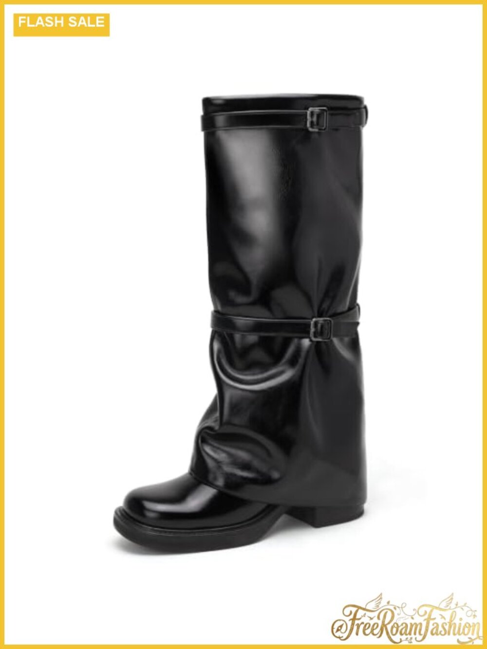 Faux Leather Fold Over Knee High Boots Pull On Chunky Heel Women's